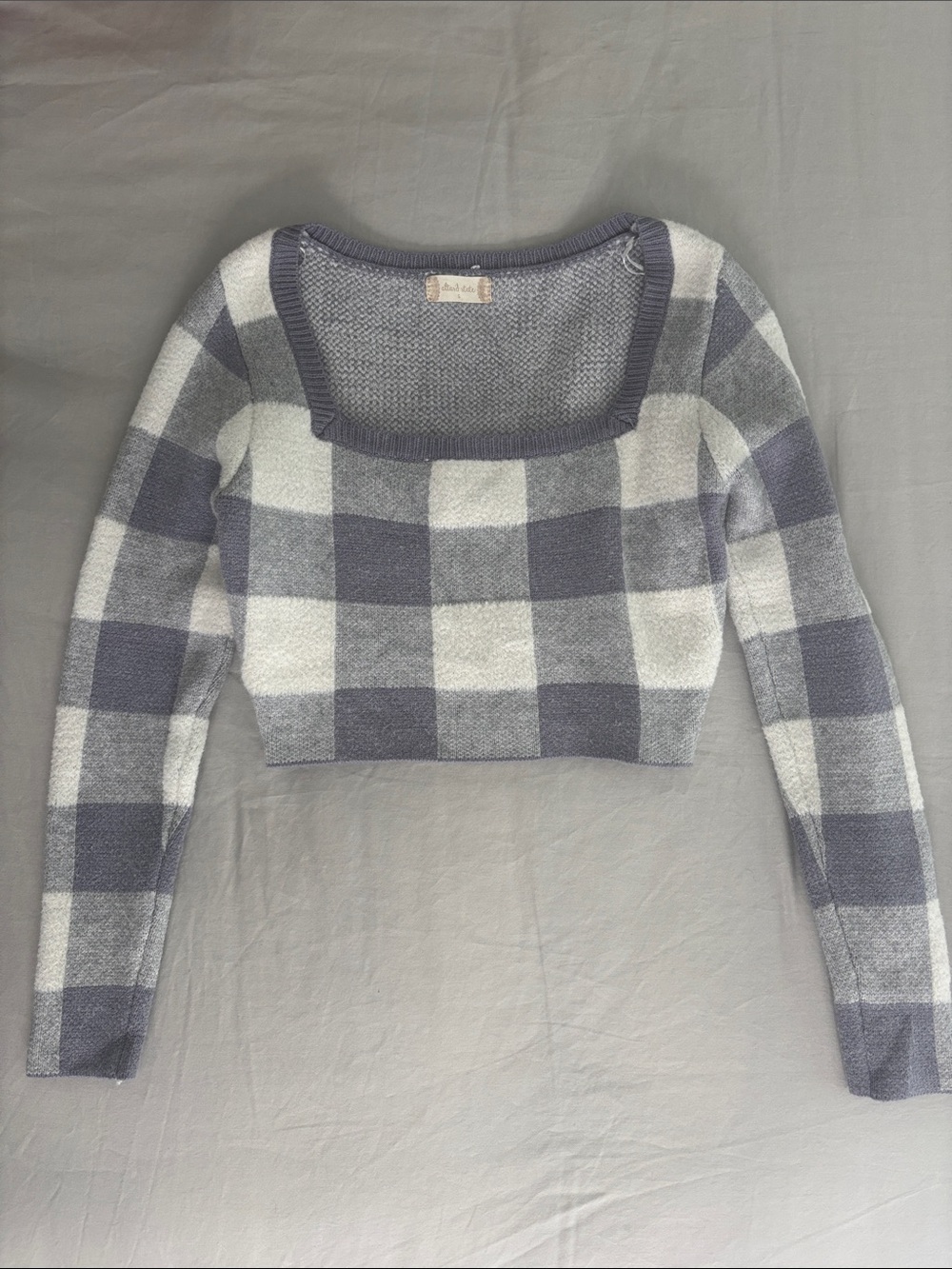 Altar'd State Gray/blue and White Check Square Neck Cropped Sweater